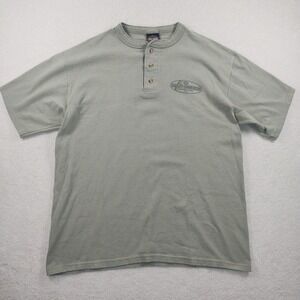 Vtg 2000 Harley Davidson Henley Shirt Men's Large Green Deluxe Gillette Wyoming